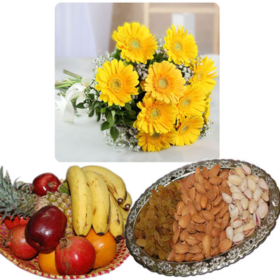 "Fruit Basket, Dry fruits, Yellow Gerberas Flower bunch - Click here to View more details about this Product